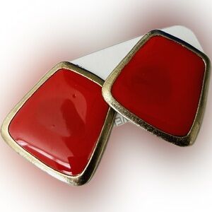 Vintage Monet Inspired Red Enamel Geometric Design Golden Trim Fashion Earrings